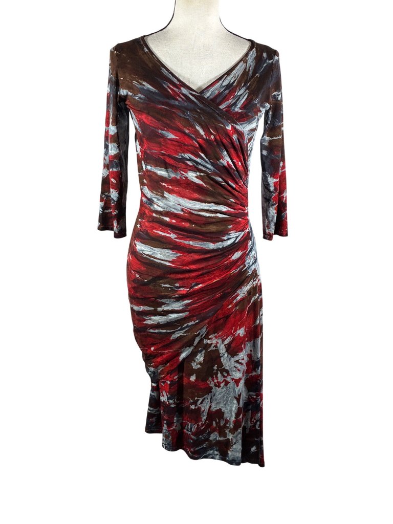 Heyne Bogut Rare Hand-Dyed Stretch Jersey Midi Dress Size 2 3/4 Sleeve Multicolo